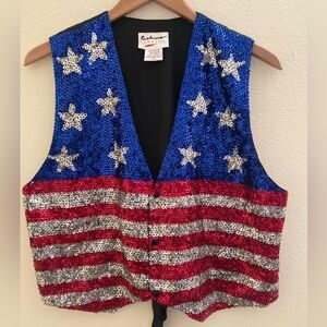 Vintage Sequin American Flag Vest Patriotic Red White Blue Western Festival S